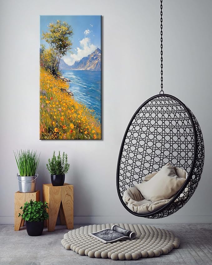 Vertical Landscape of Wild Flowers and Green Trees on The Lakeside Wall Art Decor Artwork for Bedroom (24x48 Inches)