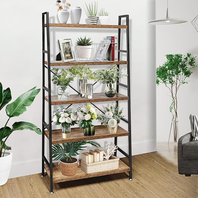 5 Tier Ladder Bookshelf, Heavy Duty Rustic Brown Wood and Metal Bookcase with 1.2" Thick Shelves, 63" H x 30" W x 14" D, Industrial Open Storage Shelving for Living Room, Bedroom, Kitchen