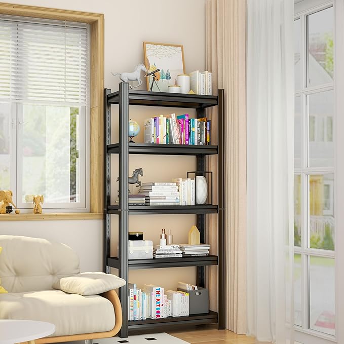 Tall Bookshelf with Open Shelves, Metal Office Book Shelf, Adjustable Organizer Bookcase, Standing Storage Organizer Shelf for Living Room (31.5" W*13.8" D*71.2" H)
