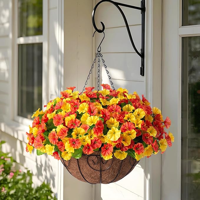 Artificial Hanging Flowers with Basket, Faux Silk Petunias Flower Arrangement, Coconut Lining with Morning Glories Fake Plants Patio Garden Porch Deck Fall Decor(Orange Yellow)