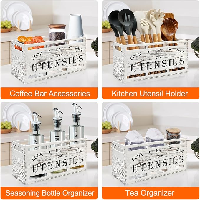 Large Utensil Holder for Kitchen Counter Farmhouse Spatula Holder Cooking Utensil Organizer Cutlery Caddy Spoon Kitchen Tools Holder (Retro White)