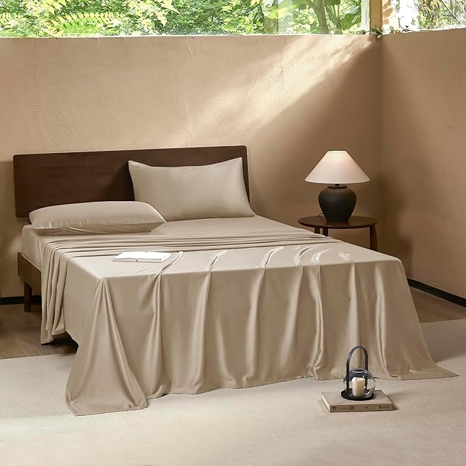 EVERLY Twin Sheets Set,Luxuriously 400 Thread Count Organic Viscose Derived from Bamboo Bed Sheet,Cooling Sheets for Twin Size 3 Piece Deep Pockets Bedding Sheets-Champagne