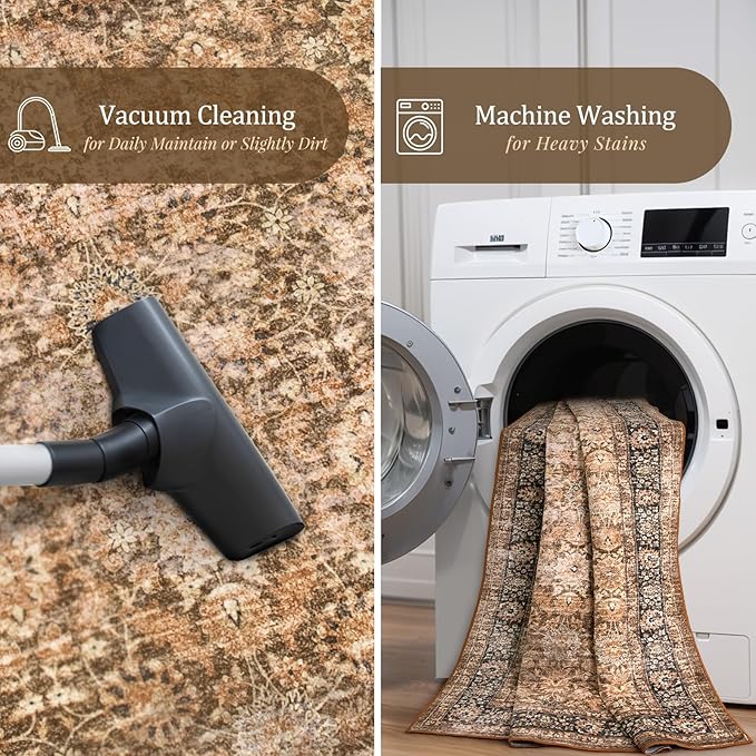 Morebes Vintage Machine Washable Area Rugs, Boho 3x5 Rug for Entryway, Soft Low-Pile Distressed Dorm Rug Indoor Floral Print Throw Carpet for Bedside Kitchen Foyer Playroom, Dark Brown