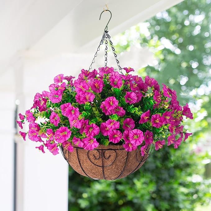 Artificial Fake Hanging Flowers Plants in Basket for Outdoor Decoration, 12 Pcs Faux Morning Glory in Planter Realistic UV Resistant Silk Flowers for Home Porch Patio Balcony Yard Outside, Red