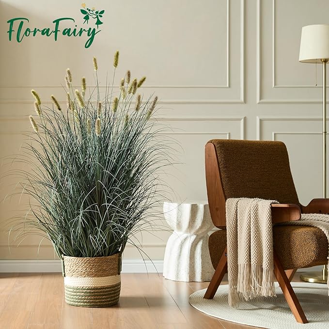 4ft Onion Grass, Artificial Plant and Greenery, Fake Floor Plants Indoor Outdoor, Potted Faux Green Bristlegrass with Yellow Spikes, Large Size Horsetail Reed Grass, House Decorative