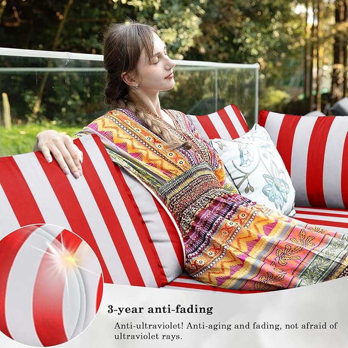 Outdoor Furniture Replacement Cushions, 14 Pcs Water-Resistant Replacement Sofa Cushion for Patio Garden Porch (Liner&Cover,Only Cushions No Sofa) (Red and White Stripes)
