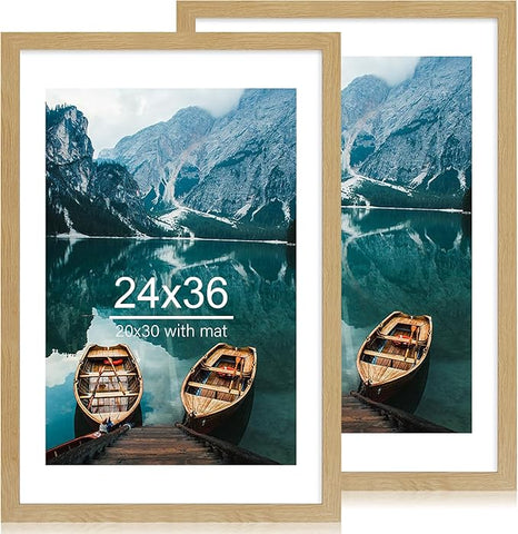24x36 Poster Frame Set of 2, Natural Oak Wood Style - Display 20x30 Picture with Mat or 24 x 36 Poster without Mat, Wall Mounting Horizontal and Vertical