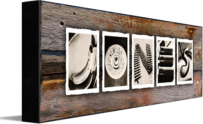 Personalized Firearm, Gun, or Shooting Name Alphabet Art. (Vintage Style - 6.5"x18" Block Mount)