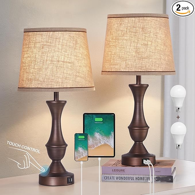 Touch Table Lamps Set of 2, 22" Tall Bedside Lamps with USB C+A Ports, 3-Way Dimmable Table Lamp, Nightstand lamps for Bedroom, Living Room, Office, Brown Lamps with Beige Lampshade, Bulbs Included