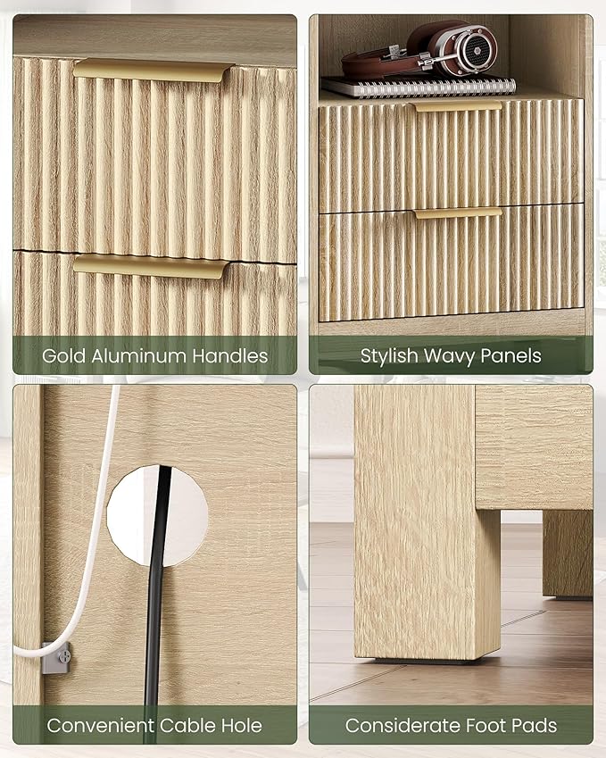 Fluted Nightstand, End Table with Charging Station and 2 Drawers, Farmhouse Nightstands with Fluted Panel, Engineered Wood Side Table for Bedroom Sunwashed Ash Oak MBZ06USO