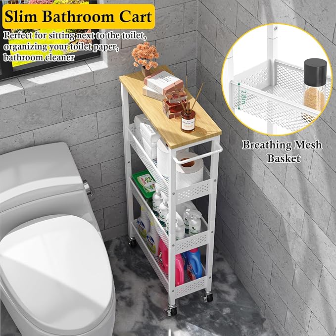 Utility Slim Storage Cart, 4 Tier Small Rolling Kitchen Laundry Room Cart with Wood Top, Metal Narrow Bathroom Storage Cabinet Mobile Shelf Unit Organizer Trolley with Handle for Narrow Space