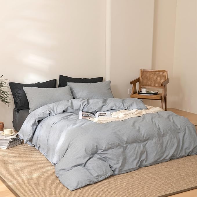 VM VOUGEMARKET Pinstriped Duvet Cover Set Queen 100% Washed Cotton Bedding Set,Grey Ticking Stripes Pattern Duvet Cover with Zipper Closure (3pcs, Horizontal Stripes)