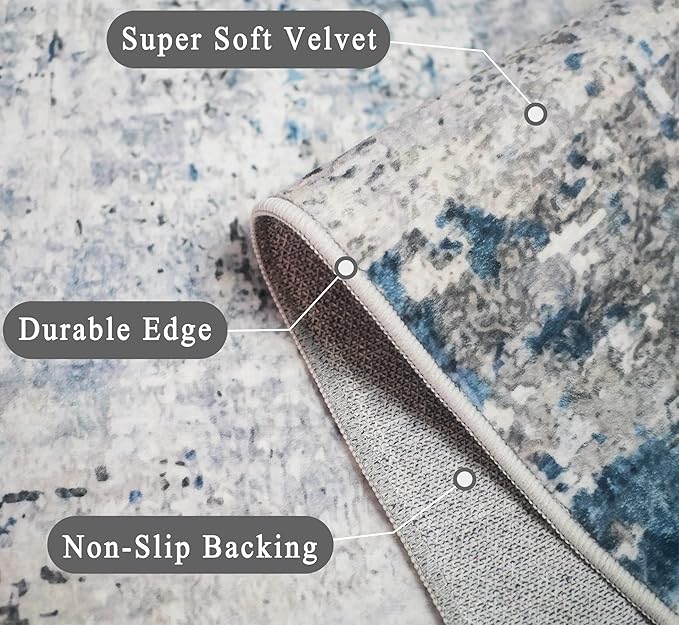 vivorug 5x7 Area Rugs - Ultra-Thin Washable Rug with Non-Slip Backing, Ideal for Living Room, Bedroom, Kitchen Floor Carpet - Modern Abstract, Easy Clean, Durable, Low Pile Gray/Navy