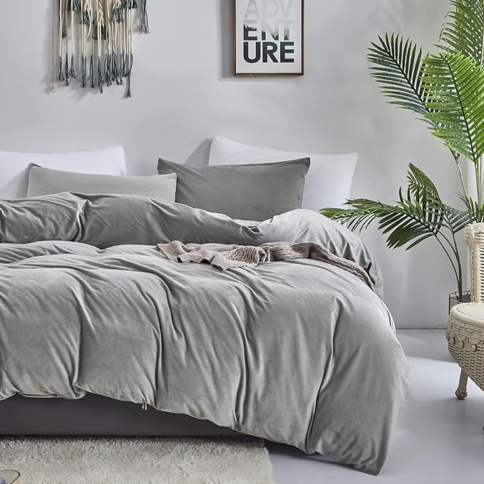Luxlovery Grey Velvet Comforter Twin Plush Fluffy Bedding Set for Women Men Adults Teens