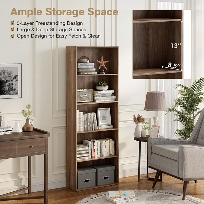Tangkula 5-Tier Bookcase, 67” Tall Freestanding Bookshelf with 5 Open Shelves, Anti-Toppling Kits, Floor Display Storage Organizer for Living Room, Study, Kitchen, Home & Office (Rustic Brown, 67" H)