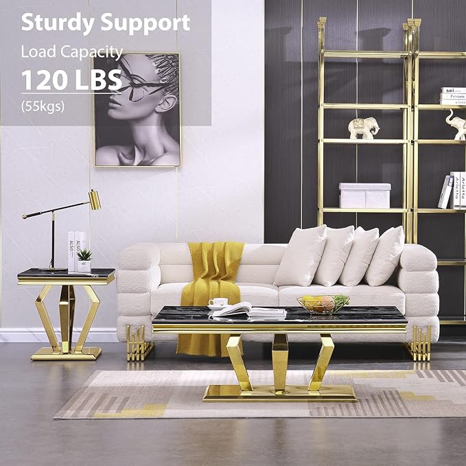 ACEDÉCOR Gold Coffee Table, 48 inch Rectangle Living Room Coffee Table with Polished Geometric Base, Black and Gold Tea Table for Home, Office, Reception Room