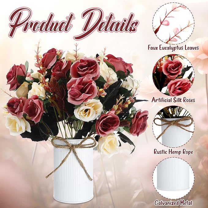 Domensi 3 Sets Wedding Centerpiece for Table Artificial Rose with Vase Fake Bouquets and Metal Pot Floral Arrangements for Holiday Party Event Table Decor (Brown)