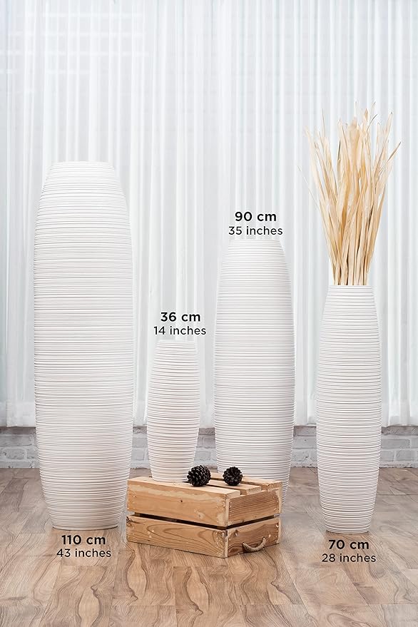 Leewadee Large White Home Decor Floor Vase – Wooden 28 inches Tall Farmhouse Decor Flower Holder for Fake Plant and Pampas Grass