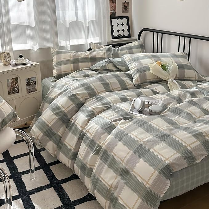 VM VOUGEMARKET Green Plaid Duvet Cover Sets Queen,3 Pieces Gingham Comforter Cover with Zipper Closure & Corner Ties for Men Boys Simple Modern Bedding Set (90"x90")