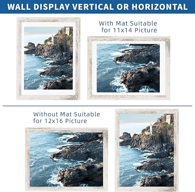 12x16 Picture Frame Set of 2, Distressed White Wood Style - Display 12 x 16 Poster without Mat or 11x14 Picture with Mat, Wall Mounting Horizontal and Vertical