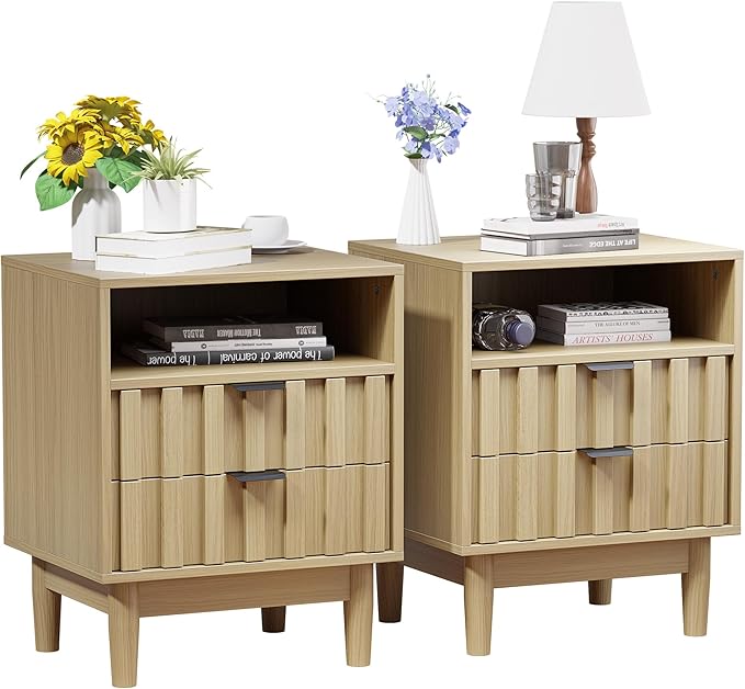 Fluted Nightstand Set of 2 with 2 Drawers, 19" Wide Night Stand with Solid Wood Legs, Open Storage Shelf, Mid Century Modern Wooden Bedside Table for Bedroom, Bed End Side Table, Oak