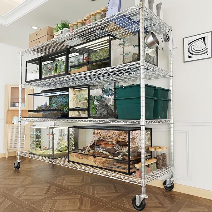 PrimeZone 4 Pack Storage Shelves 55.5"W x 24"D x 76"H 4 Tier with Wheels, Adjustable Wire Shelving Garage Heavy Duty Shelves Unit, Rolling Metal Organizer Shelf Utility Rack Warehouse, Pantry, Chrome