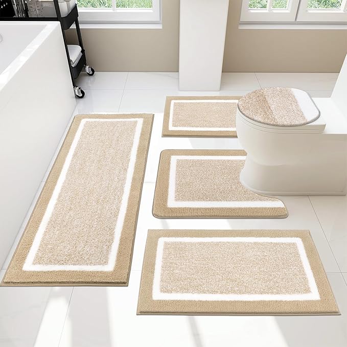 Pauwer Bathroom Rugs Set 5 Piece, Plush Absorbent Microfiber Bath Mats for Bathroom, Non Slip Washable Bath Rug Set with U Shaped Contour Toilet Rugs, Shower Rug and Toilet Lid Cover, Beige