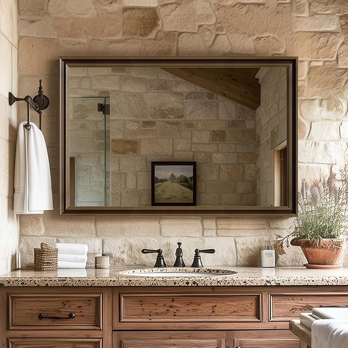 Retro Copper Effect Framed Wall Mirror, 24x36 Rectangle Mirror, 1/8"Anti-desilvering Tempered Glass, Sustainable&Sturdy Frame, Anti-Rust, HD Reflection &3min Fast Setup for Bathroom Living Room