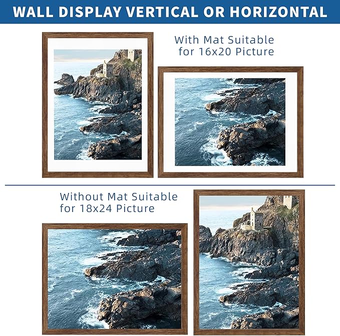 18x24 Frame Set of 2, Rustic Brown Wood Style - Display 18 x 24 Poster without Mat or 16x20 Picture with Mat, Wall Mounting Horizontal and Vertical