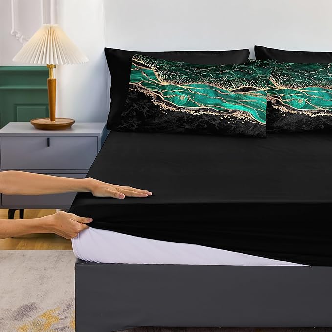 Emerald Green Comforter Set King Black Gold Marble Bed in a Bag 8 Pieces Bedding Set with 1 Green Black Marble Comforter, 1 Flat Sheet, 1Fitted Sheet, 4 Pillowcases, 1 Cushion Cover