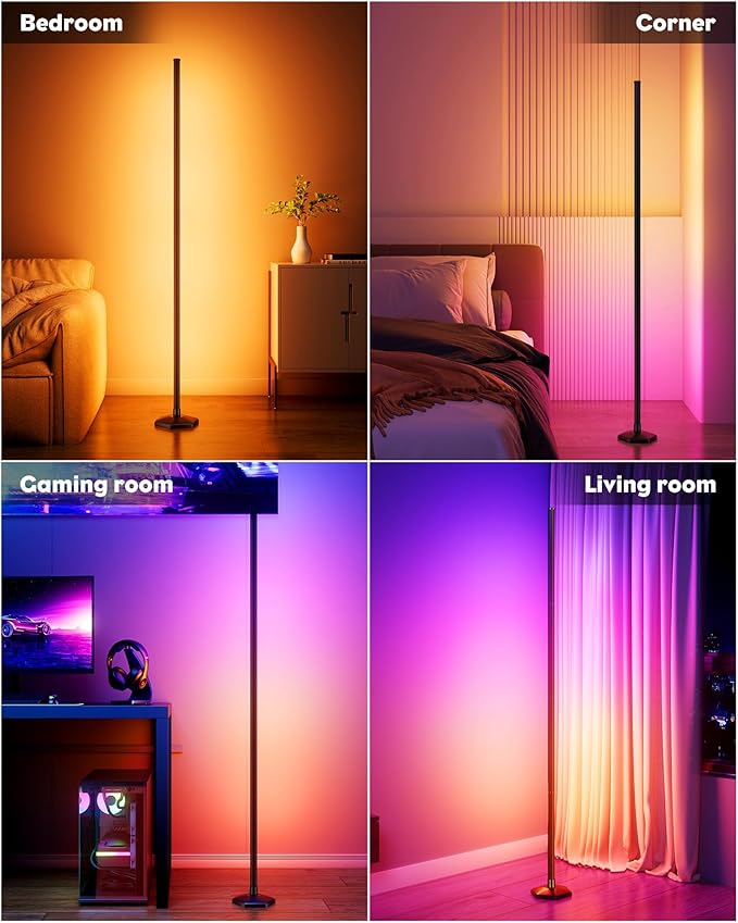 Smart RGB LED Corner Floor Lamp with App and Remote Control, 65" Color Changing Standing Lamp with Music Sync and 16 Million DIY Colors, Modern Floor Lamps for Bedroom Living Room Gaming Rooms