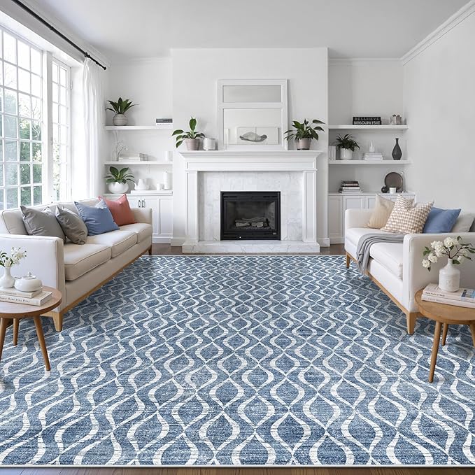 WITSHOCK 12x15 Area Rugs: Washable Non-Slip Soft Geometric Boho Print Pattern Large Thin Indoor Rug for Living Room Bedroom Dining Room, Carpet for Nursery Playroom Decor, Kid & Pet Friendly, Blue