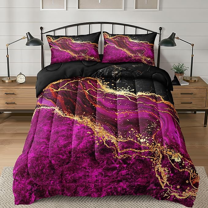 Black Gold Comforter Set Hot Pink Marble Bedding Set Queen Size Black Marble Stone Abstract Artwork Bedroom Decor Black Marble Comforter Sets for All Season