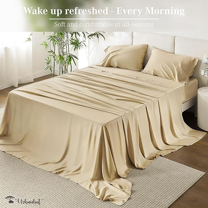 URBANHUT 700 Thread Count Egyptian Cotton Sheets Twin Size, 4Pc Sheet Set Soft Luxury Bed Sheets for Twin Size Bed, Sateen Weave Hotel Sheets, 14'' Elasticized Deep Pocket - Sand