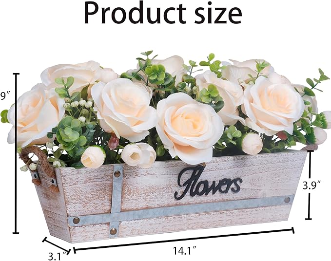 Centerpiece Table Decorations Rustic Wood Tray with 3 Artificial Champagne Rose Flowers and Fake Eucalyptus for Dining Room Farmhouse Living Room Kitchen and Coffee Table Décor