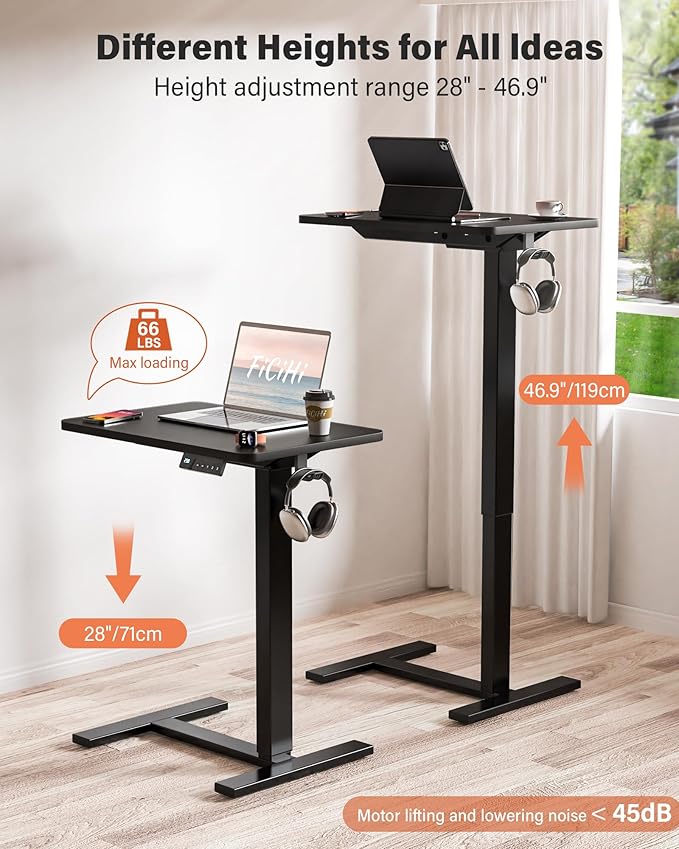 Mobile Standing Desk with Wheels - Electric Height Adjustable Small Movable Laptop Desk, Portable Rolling Computer Sit Stand Side Table for Home Office, Sofa&Bedside Use (23.6",Black)
