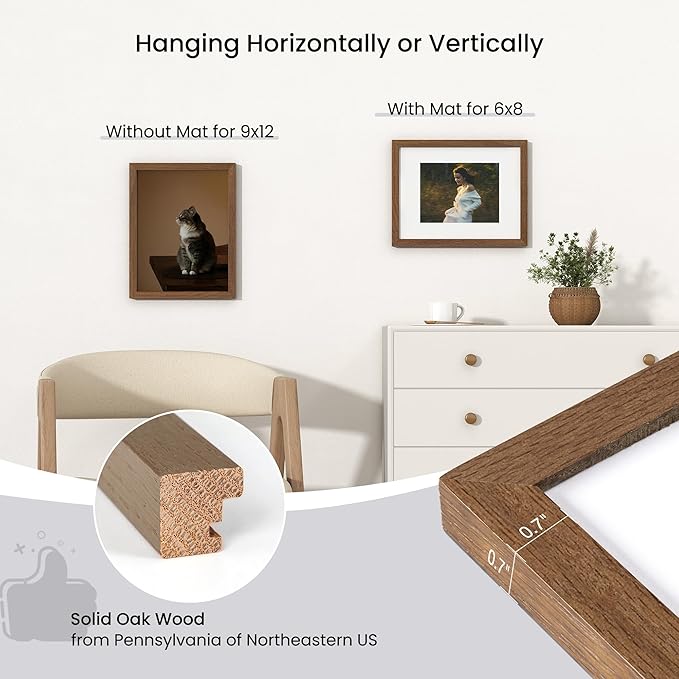Axeman 9x12 Picture Frame | Solid Oak Wood 9 By 12 Photo Frame With Mat for 6x8 | 9''x12'' Wood Frame | Tempered Glass and Hanging Hardware Included Home Wall Decor Hanging Frame | Walnut