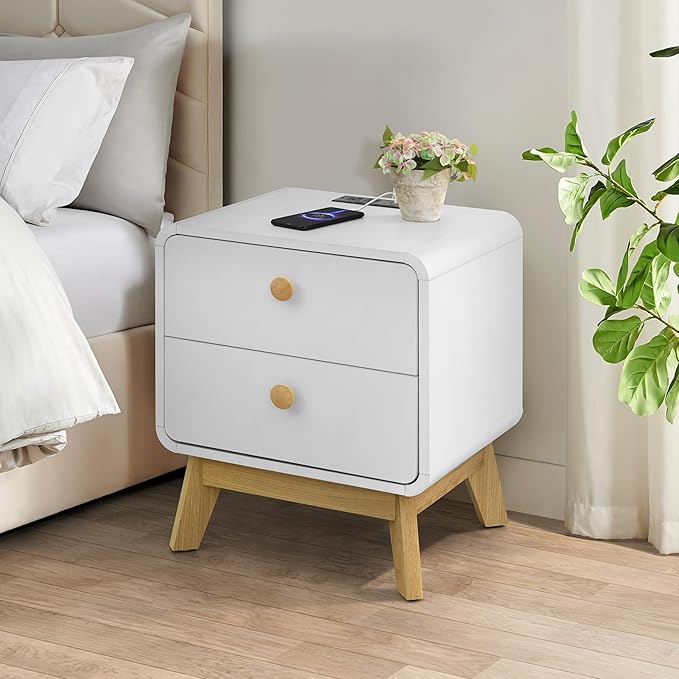 Aries Set of 2 Nightstands with Charging Station, 2 Drawer Bedside Tables with Storage, Night Stands for Bedroom, End Table or Side Table for Living Room, 15.7" x 18.9" x 21.7", White