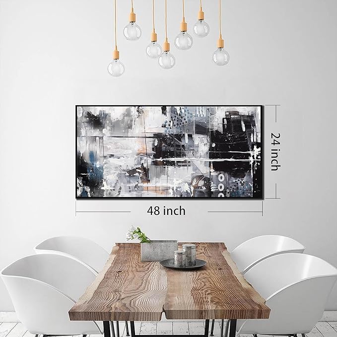 Black and White Abstract Wall Art - Modern Wall Art Living Room - 24" x 48" Framed