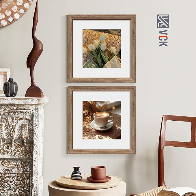 VCK 12x12 Picture Frame 5 Pack - Walnut, High-End Wood Poster Frames with Tempered Glass, Display 8x8 Photo with Mat or 12x12 without Mat, Art Gallery-Quality, Wall Hanging, Walnut