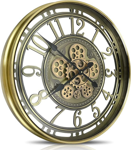 Real Moving Gears Wall Clock Large Modern Metal Clocks for Living Room Decor, Industrial Steampunk Unique Vintage Rustic Decorative Clock for Home Farmhouse Office, 21 Inch,Bronze Gold Arabic