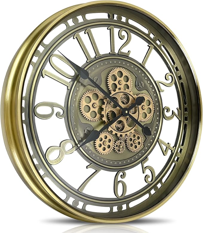 Real Moving Gears Wall Clock Large Modern Metal Clocks for Living Room Decor, Industrial Steampunk Unique Vintage Rustic Decorative Clock for Home Farmhouse Office, 30 Inch,Bronze Gold Arabic