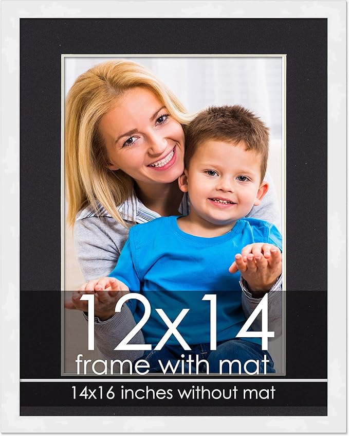 12x14 Frame with Mat - White 14x16 Frame Wood Made to Display Print or Poster Measuring 12 x 14 Inches with Black Photo Mat