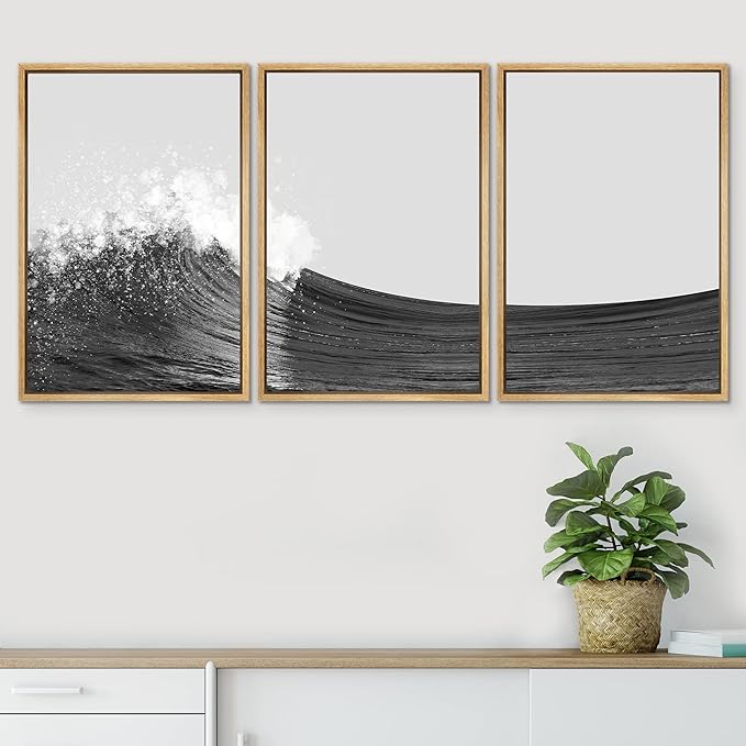 SIGNWIN 3 Piece Framed Canvas Wall Art Black and White Ocean Waves Nature Wilderness Illustrations Abstract Traditional Home Artwork Decoration for Living Room,Bedroom - 24"x36"x3 Natural