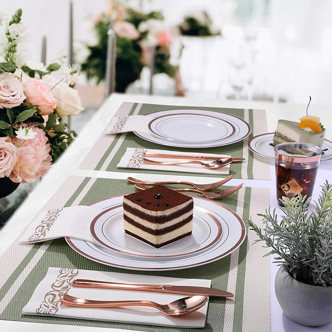 Supernal 400pcs Rose Gold Dinnerware,Rose Gold Plastic Plates,Wedding Decoration,Heavy Duty Disaposable Silverware, Disaposable Rim Cups, Easter Paper Napkins,Suit for Wedding, Birthday,Party