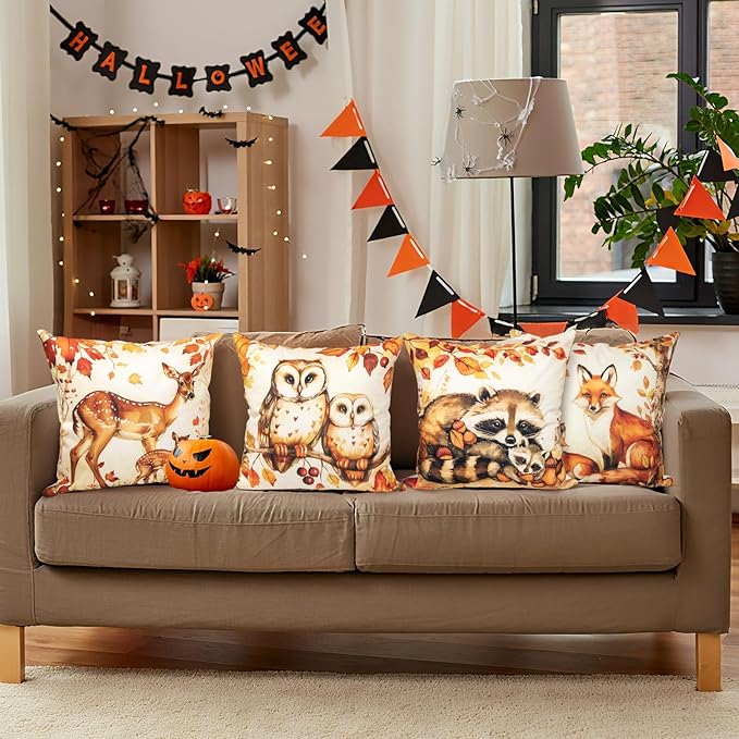 Animal Family Theme Fall Pillow Covers 20x20 Inch Set of 4, Burnt Orange Rust Decorative Autumn Thanksgiving Harvest Home Decor for Sofa Couch Living Room