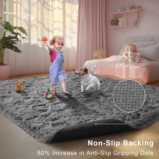 Grey Fluffy 9x12 Area Rug for Living Room, Plush Shag Rugs for Bedroom, Large Soft Furry Carpets for Kids Room, Modern Indoor Nursery Carpet for Classroom Dorm Cozy Comfy Home Decor