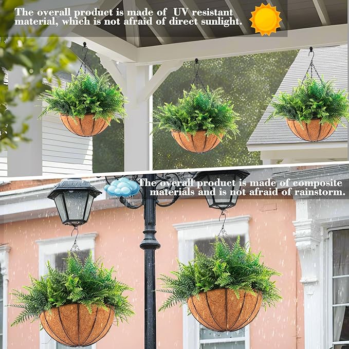 Hananona 2 Set Artificial Hanging Plants Outdoor Fake Hanging Ferns Planter, UV Resistant Faux Fern Plant Basket for Outdoors Patio Garden Home Decor (2, Green)