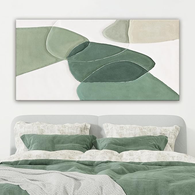 QSQ Modern Wall Art Large Green And White Geometric Color Block Line Wall Painting Artwork Canvas Simple Picture Textured Artwork For Living Room Bedroom Office Home Decor 29"X 58"