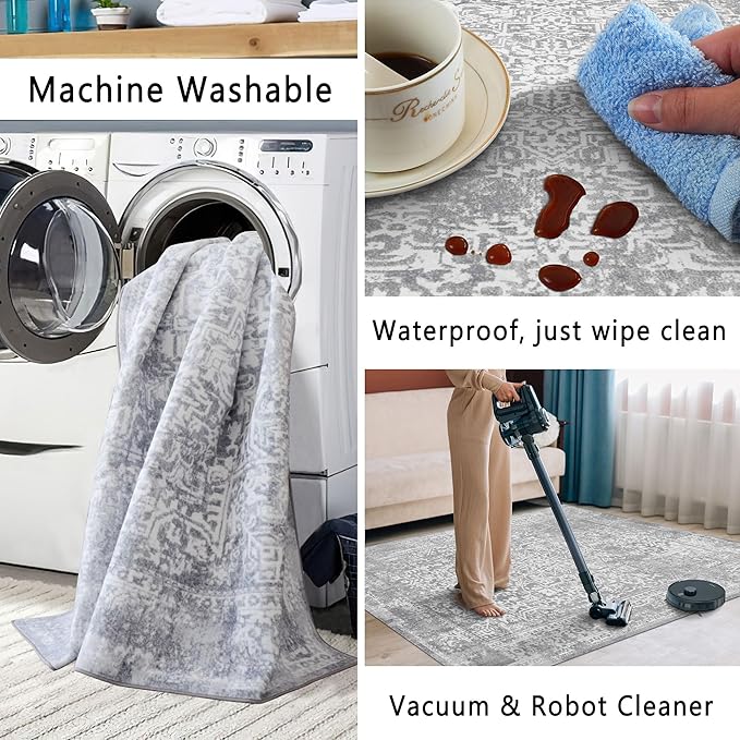 vivorug Runner Rug 2x10 Machine Washable Rug with Non-Slip Backing, Ideal for Kitchen Hallway Entryway Laundry Room - Vintage, Durable, Easy Clean, Low Pile Carpet Runner, Ivory/Silver